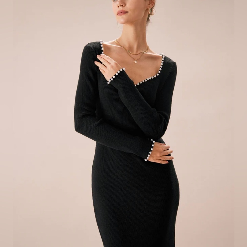 Rihoas Black Pearl Trim Bodycon Knit Midi Dress, Size M, NWT - Picture 3 of 7